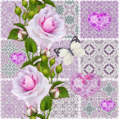 Çiçek arka plan. Seamless modeli. Eski stil, kare şekli, pastel tonu, patchwork. Garland parlak güzel pembe Gül ' hassas kalbi boncuk ve bezelye ile dokulu