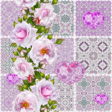 Çiçek arka plan. Seamless modeli. Eski stil, kare şekli, pastel tonu, patchwork. Garland parlak güzel pembe Gül ' hassas kalbi boncuk ve bezelye ile dokulu