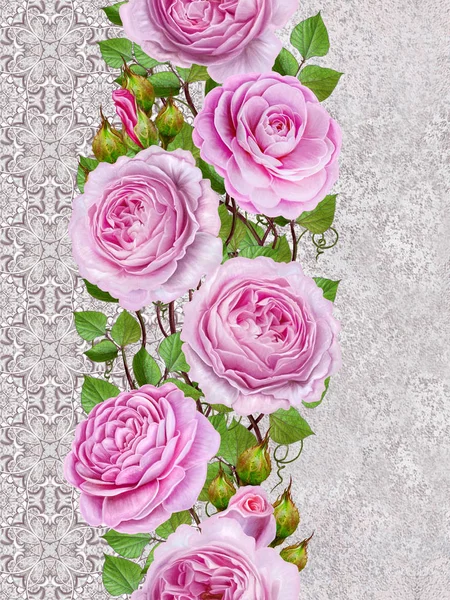 Borda floral vertical. Padrão, sem costura. Velho estilo. Flor guirlanda de rosas rosa delicadas, botões. Prata cachos ornamento com aberturas brilhantes, rendas, mosaico pastel, tecelagem . — Fotografia de Stock