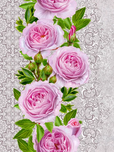 Vertical floral border. Pattern, seamless. Old style. Flower garland of delicate pink roses, buds. Silver shiny openwork curls, lace, pastel mosaic, weaving. — Stock Photo, Image