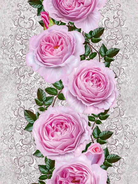 Borda floral vertical. Padrão, sem costura. Velho estilo. Flor guirlanda de rosas rosa delicadas, botões. Prata cachos ornamento com aberturas brilhantes, rendas, mosaico pastel, tecelagem . — Fotografia de Stock