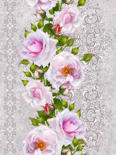 Вертикальна квіткова рамка. Візерунок, безшовний. Старий стиль. Квіткова гірлянда з ніжних рожевих троянд, бутонів. Срібні блискучі ажурні завитки, мережива, пастельна мозаїка, ткацтво . — стокове фото