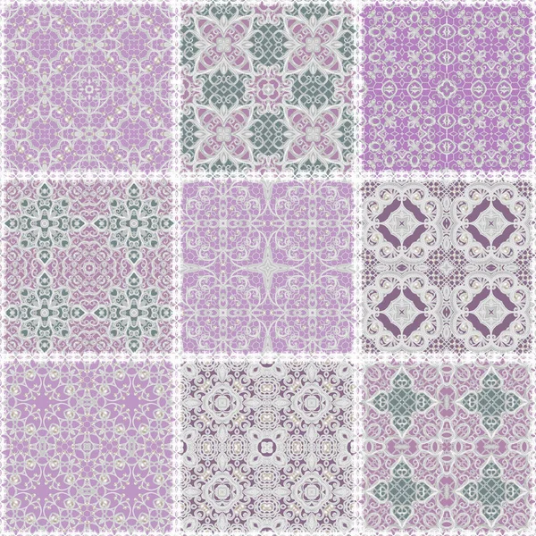 Handgezeichnetes nahtloses Patchwork-Muster. Boho-Vintage mit dekorativen Elementen. quadratische Form, durchbrochene Weberei, orientalisches Motiv. — Stockfoto