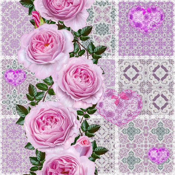 꽃 배경입니다. 완벽 한 패턴입니다. 오래 된 스타일, 사각형 모양, 파스텔 톤, 패치워크. 갈 랜드의 밝은 아름 다운 핑크 장미, 섬세 한 질감 구슬 및 완 두 마음 — 스톡 사진