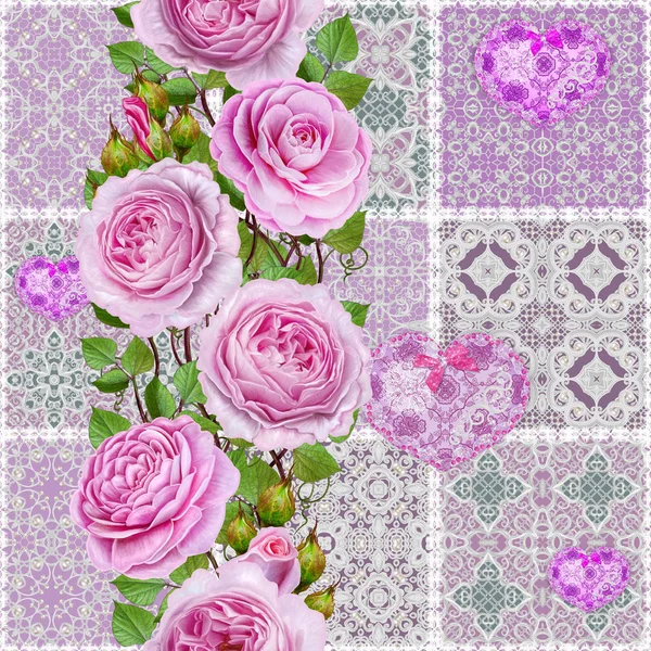 花の背景。シームレス パターン。古いスタイル、正方形、パステル トーン、パッチワーク。ガーランドの明るい美しいピンクのバラ、繊細なテクスチャの心がビーズとエンドウ豆 — ストック写真