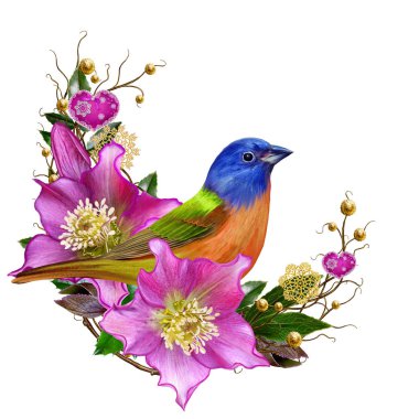 Dokuma twigs, altın takılar, kış arka plan, Noel kompozisyon parlak kuş baştankara, pembe çiçek Karaca ot. Beyaz arka plan üzerinde izole.