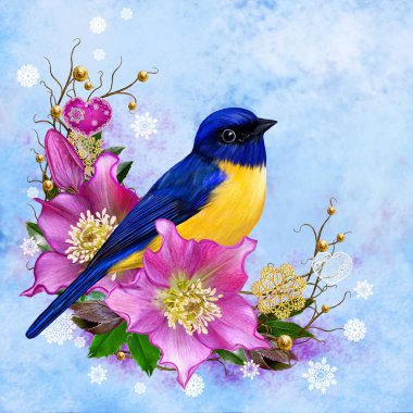 Parlak kuş baştankara, pembe çiçek dal dokuma Karaca ot,,