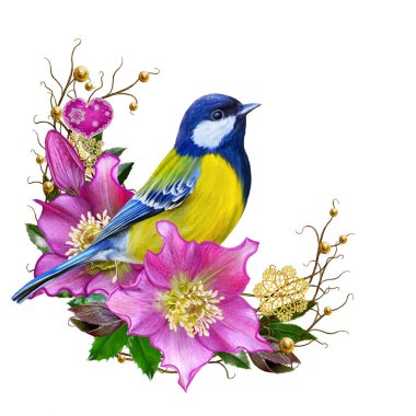 Dokuma twigs, altın takılar, kış arka plan, Noel kompozisyon parlak kuş baştankara, pembe çiçek Karaca ot. Beyaz arka plan üzerinde izole.