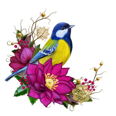 Parlak kuş baştankara, Bordo çiçek dokuma twigs, altın takılar, kış arka plan, Noel kompozisyon Karaca ot,. 