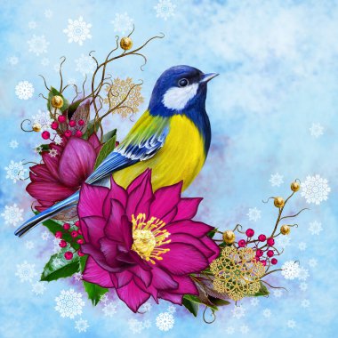 Parlak kuş baştankara, pembe çiçek dokuma twigs, altın takılar, kış arka plan, Noel kompozisyon Karaca ot,. 