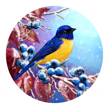 Noel tebrik kartı. Kış arka plan. Baştankara küçük bir kuş oturur bir karla kaplı dal, mavi çilek, kırmızı yaprakları.