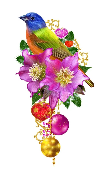 Ljusa fågel tit, rosa blomma hellebore, vävning från kvistar, gol — Stockfoto