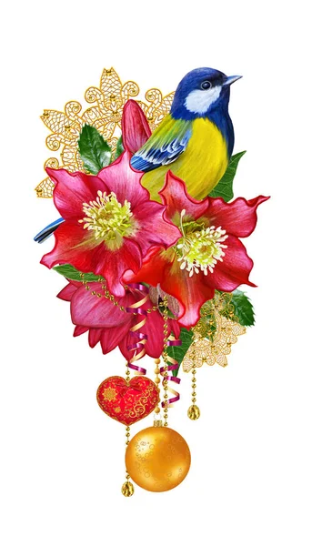 Ljusa fågel tit, rosa blomma hellebore, vävning från kvistar, guld ornament, vintern bakgrund, jul sammansättning, dekorerade med blanka dekorationer, gyllene snöflingor, snygga ljusa leksaker i form av hjärtat. — Stockfoto