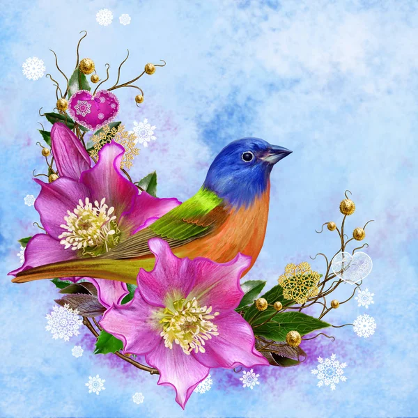 Die helle Vogelmeise, rosa Blütenhelle, Weben aus Zweigen, Goldschmuck, Winterhintergrund, Weihnachtskomposition. — Stockfoto