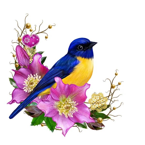 De heldere vogel mezen, roze bloem Nieskruid, weven van gouden sieraden, winter achtergrond, twijgen, Kerstmis samenstelling. Geïsoleerd op witte achtergrond. — Stockfoto