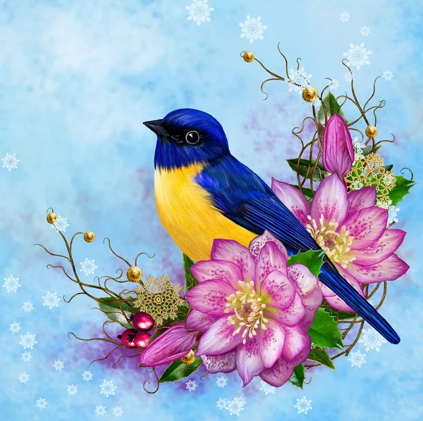 The bright  bird tit, pink flower hellebore, weaving from twigs, gold ornaments, winter background, Christmas composition. — Stock Photo, Image