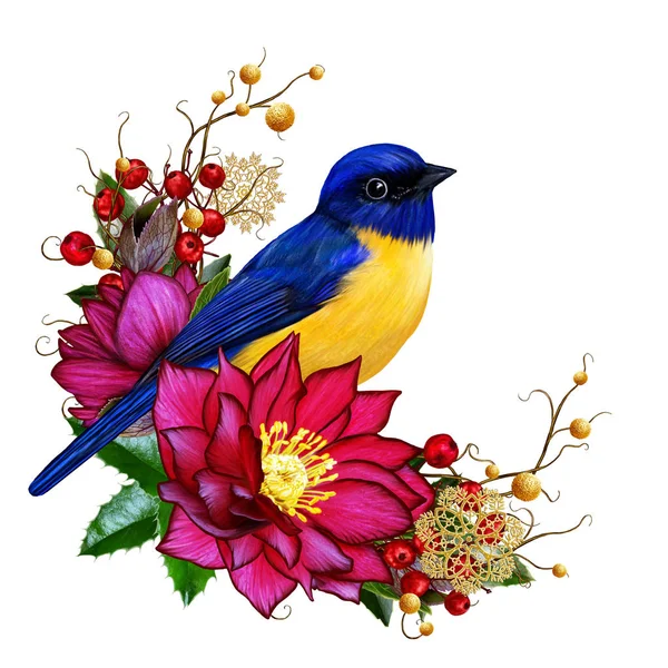 Яскрава пташина, бордовий квітка, плетіння з гілок, золоті прикраси, зимовий фон, різдвяна композиція. Ізольовані на білому тлі . — стокове фото