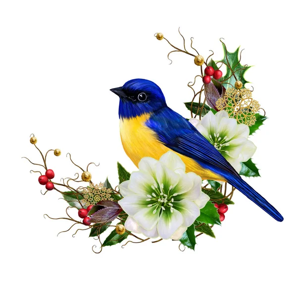 Το φωτεινό πουλί tit, λευκό λουλούδι hellebore, ύφανση από χρυσά στολίδια, χειμώνα φόντο, κλαδιά, Χριστουγεννιάτικη σύνθεση. Απομονωμένα σε λευκό φόντο. — Φωτογραφία Αρχείου
