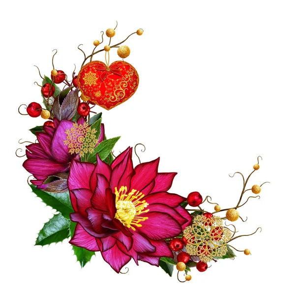 Λουλούδι Γκάρλαντ των χειμερινών λουλουδιών hellebore, διακοσμημένο με λαμπερά στολίδια, χρυσά νιφάδες χιονιού, κομψό φωτεινό αντρες στο σχήμα της καρδιάς. Χριστουγεννιάτικη σύνθεση. Απομονωμένα σε λευκό φόντο. — Φωτογραφία Αρχείου