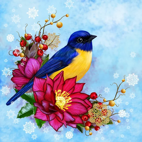 Το φωτεινό πουλί tit, Βουργουνδίας λουλούδι hellebore, ύφανση από χρυσά στολίδια, χειμώνα φόντο, κλαδιά, Χριστουγεννιάτικη σύνθεση. — Φωτογραφία Αρχείου