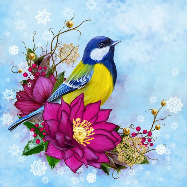 Parlak kuş baştankara, pembe çiçek dokuma twigs, altın takılar, kış arka plan, Noel kompozisyon Karaca ot,. 