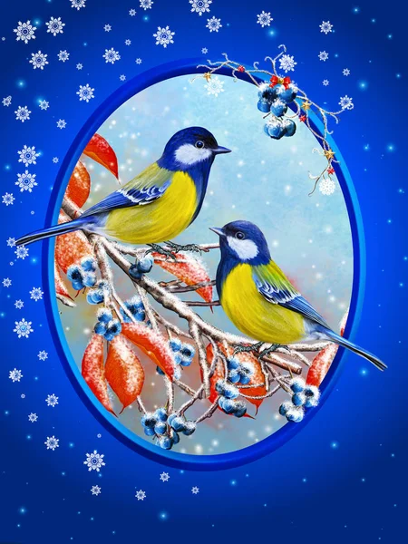 Christmas greeting card. Winter background. A small bird of the tit sits on a snow-covered branch, blue berries, red leaves. — Zdjęcie stockowe