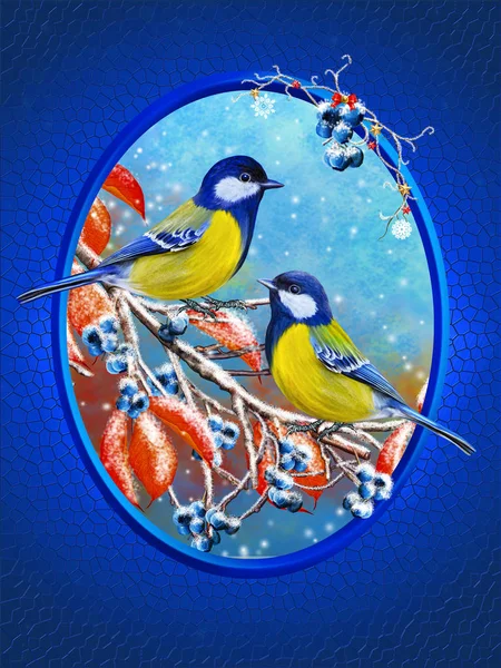 Christmas greeting card. Winter background. A small bird of the tit sits on a snow-covered branch, blue berries, red leaves. — Zdjęcie stockowe