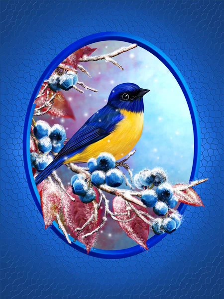 Різдвяна листівка. Зимовий фон. Маленька пташка сидить на засніженій гілці, блакитних ягодах, червоному листі . — стокове фото