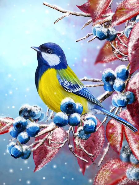 Tarjeta de felicitación navideña. Fondo de invierno. Un pequeño pájaro de la teta se sienta en una rama cubierta de nieve, bayas azules, hojas rojas . — Foto de Stock