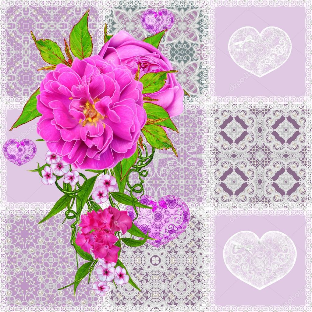 Floral background. Seamless pattern. Old style, square shape, pastel tone, patchwork. Garland of bright beautiful pink roses, delicate textured heart with beads and pearls, butterfly.