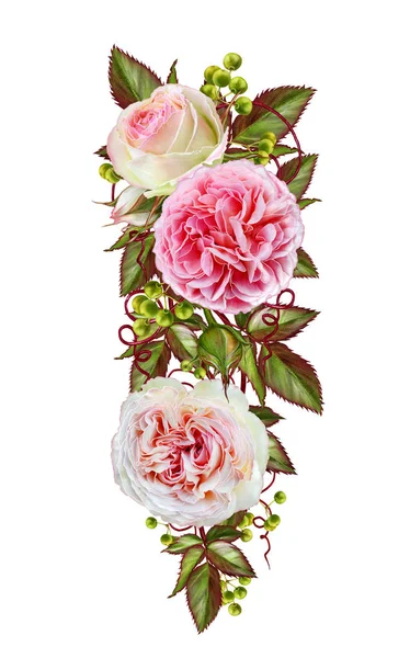 꽃 구성입니다. 화 환, 섬세 한 아름 다운 분홍색 장미와 녹색 잎의 화 환 흰색 배경에 고립. — 스톡 사진