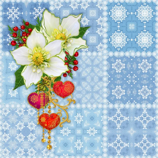 Padrão de retalhos sem costura desenhado à mão. Forma quadrada, tecelagem a céu aberto. Fundo de Natal. Guirlanda de flores de inverno heléboro, folhas brilhantes, galhos ornamento com aberturas, decorações brilhantes . — Fotografia de Stock