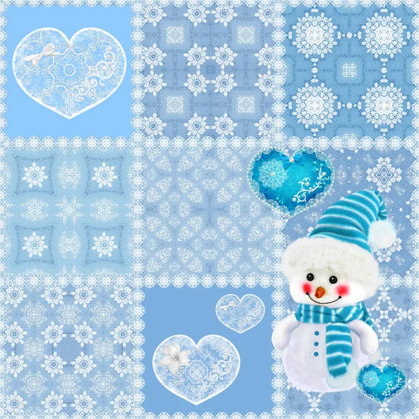 Hand drawn seamless patchwork pattern. Vintage boho style with decorative elements. Square shape, openwork weaving. Christmas background, toy snowman, decoration in the form of an openwork heart. — Stock Photo, Image