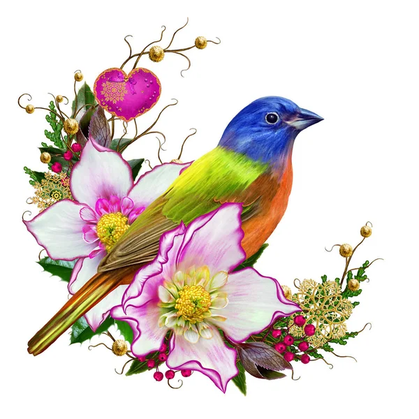 parlak kuş baştankara, çiçek Karaca ot, dokuma twigs, altın takılar, Noel kompozisyon, dekore parlak süslemeleri, altın kar tanesi, kalp şeklinde şık parlak oyuncaklar