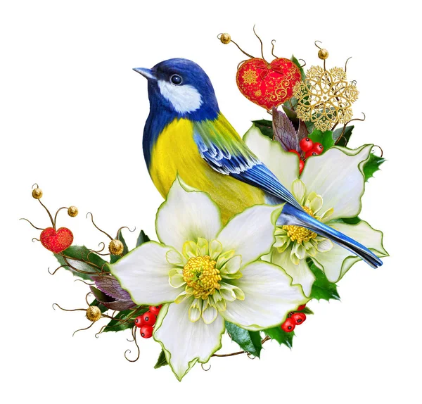 Tit pájaro brillante, flor hellebore, tejido de ramitas, adornos de oro, composición de Navidad, decorado con decoraciones brillantes, copos de nieve dorados, juguetes brillantes con estilo en la forma del corazón —  Fotos de Stock