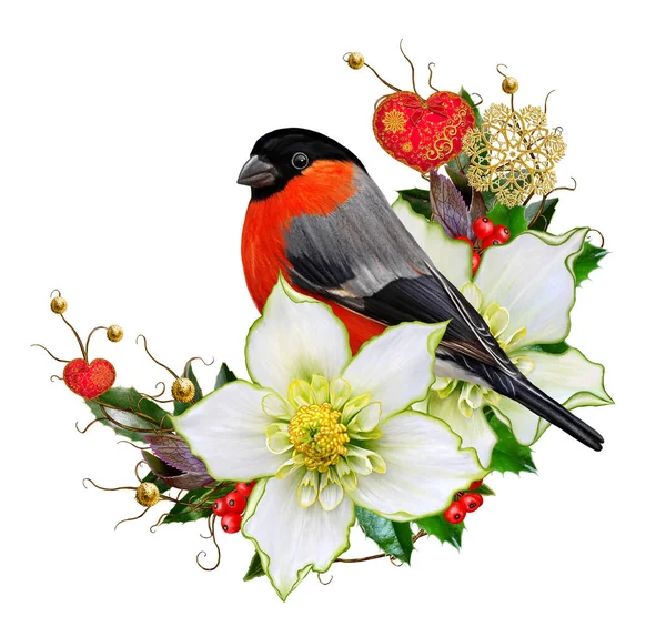 Bright bird bullfinch,flower hellebore, weaving from twigs, gold ornaments, Christmas composition, decorated with shiny decorations, golden snowflakes, stylish bright toys the shape of the heart — Stock Photo, Image