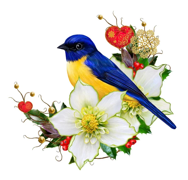 Bright bird tit, flower hellebore, weaving from twigs, gold ornaments, Christmas composition, decorated with shiny decorations, golden snowflakes, stylish bright toys in the shape of the heart — Stock Photo, Image