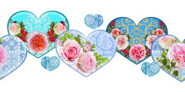 sınır seamless modeli. Rakamlar bir kalp şeklinde dekore edilmiş bir altın ajur örgü, dantel, pembe Gül parlak çiçek kompozisyonlar.