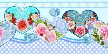 sınır seamless modeli. Rakamlar bir kalp şeklinde dekore edilmiş bir altın ajur örgü, dantel, pembe Gül parlak çiçek kompozisyonlar.