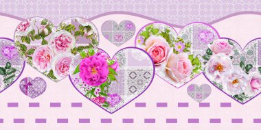 sınır seamless modeli. Rakamlar bir kalp şeklinde dekore edilmiş bir altın ajur örgü, dantel, pembe Gül parlak çiçek kompozisyonlar.