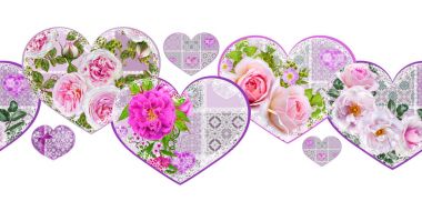 sınır seamless modeli. Rakamlar bir kalp şeklinde dekore edilmiş bir altın ajur örgü, dantel, pembe Gül parlak çiçek kompozisyonlar.