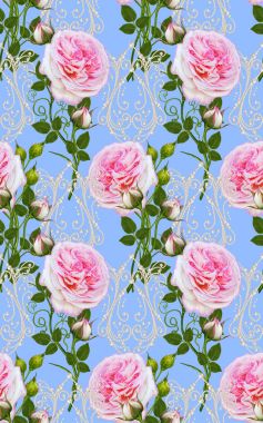 Çiçek seamless modeli. Aranjman Çiçek, buket hassas güzel pembe Gül, yeşil yaprakları, dantelli Ajur modelleri.