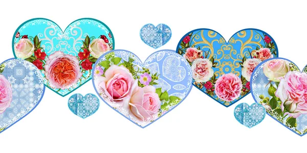 sınır seamless modeli. Rakamlar bir kalp şeklinde dekore edilmiş bir altın ajur örgü, dantel, pembe Gül parlak çiçek kompozisyonlar.