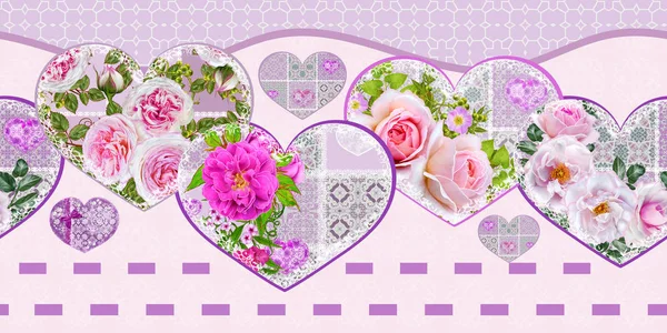 sınır seamless modeli. Rakamlar bir kalp şeklinde dekore edilmiş bir altın ajur örgü, dantel, pembe Gül parlak çiçek kompozisyonlar.