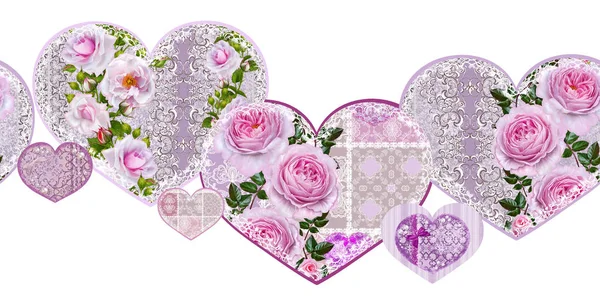 Floral background. Greeting vintage postcard, pastel tone, old style. Flower arrangement of pink roses. — Stock Photo, Image