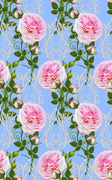 Φλοράλ άνευ ραφής. Ανθοδετική, λεπτή όμορφη ροζ τριαντάφυλλα, πράσινο φύλλα, δαντελωτές διάτρητο μοτίβα. — Φωτογραφία Αρχείου