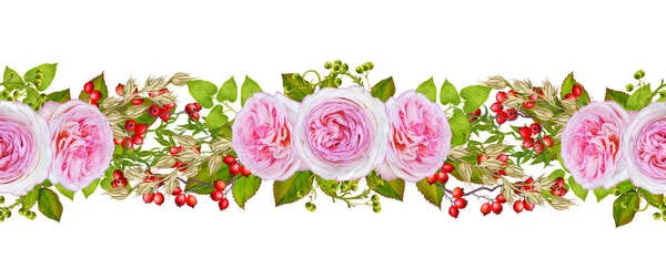 Çiçek aranjmanı, çelenk, buket. Narin pembe ve sarı güller, kırmızı meyveler, parlak yeşil yaprakları, süs bitkileri. Beyaz arka plan üzerinde izole.