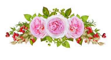 Flower arrangement, wreath, bouquet. Delicate pink and yellow roses, red berries, bright green leaves, ornamental plants. Isolated on white background. clipart