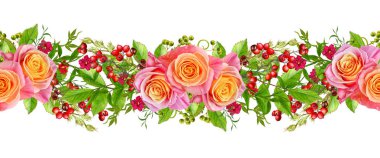 Çiçek aranjmanı, çelenk, buket. Narin pembe ve sarı güller, kırmızı meyveler, parlak yeşil yaprakları, süs bitkileri. Beyaz arka plan üzerinde izole.