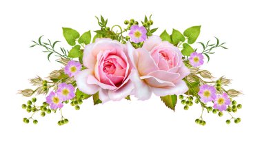 Çiçek kompozisyon. Çelenk, garland hassas güzel pembe Gül ve yeşil yaprakları. Beyaz arka plan üzerinde izole.